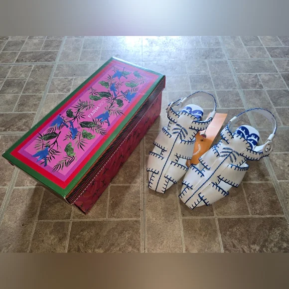 NWT FARM Rio Blue Palm Tree Embroidered Sandals Size 9.5 - Picture 2 of 5